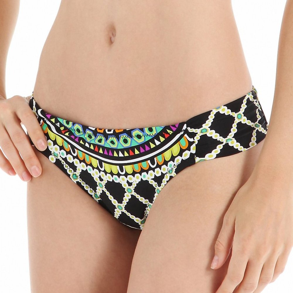 NWT  Trina Turk Kon Tiki Shirred Side Hipster Swim Bottom, Black Multi, Size 6
